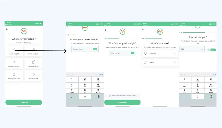 Carb Manager goals question, then current weight, goal weight, sex and height: the data the app needs to build a plan