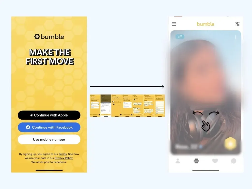 Bumble sign-in screen, then the profile setup screens, then a suggested match right after onboarding ends