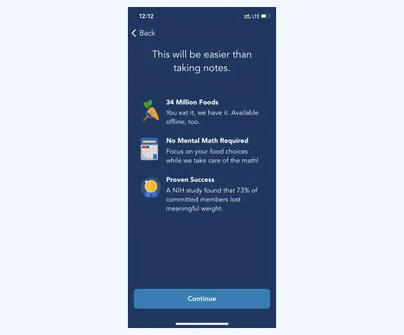 Lose It! screen “This will be easier than taking notes” answering concerns with 34 million foods, no mental math and an NIH study
