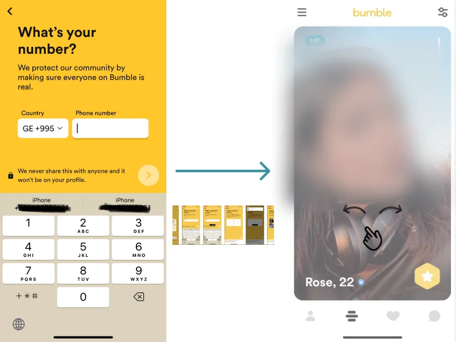 Bumble phone number screen, then the profile setup screens, then a suggested match, Rose, 22, right after onboarding