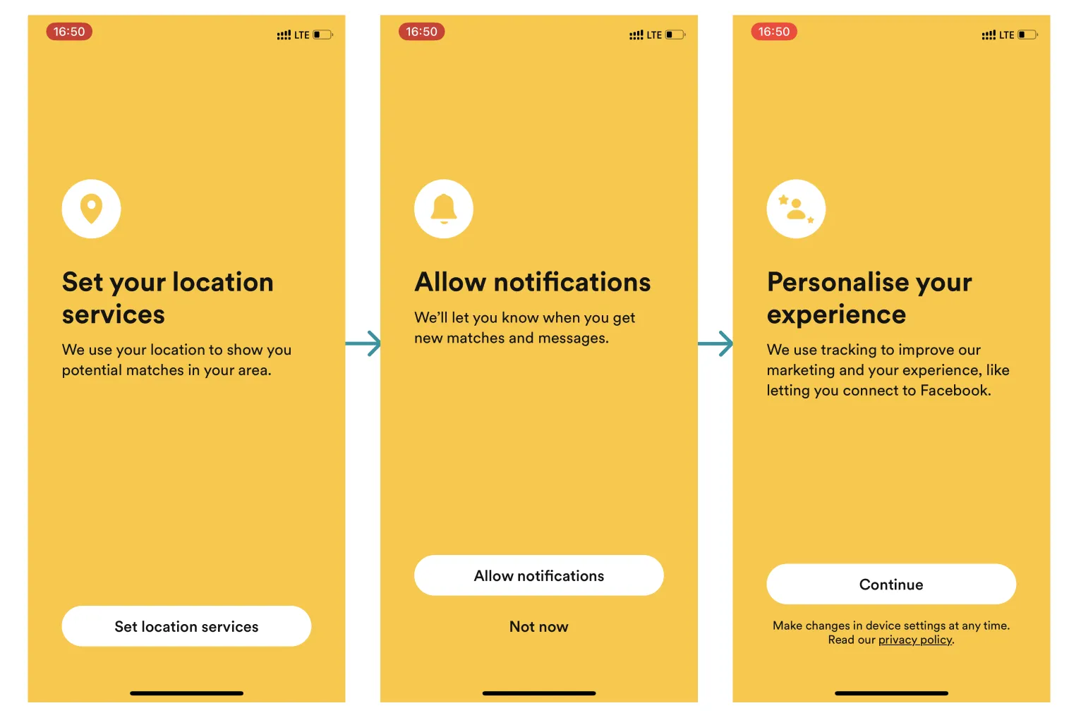 Three Bumble permission screens in a row: location services, notifications, then tracking to personalise the experience