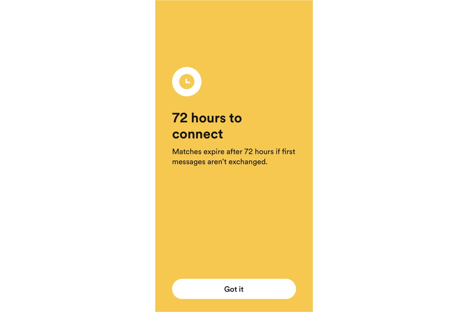 Bumble screen “72 hours to connect”: matches expire if first messages aren’t exchanged, a loss aversion nudge before the search