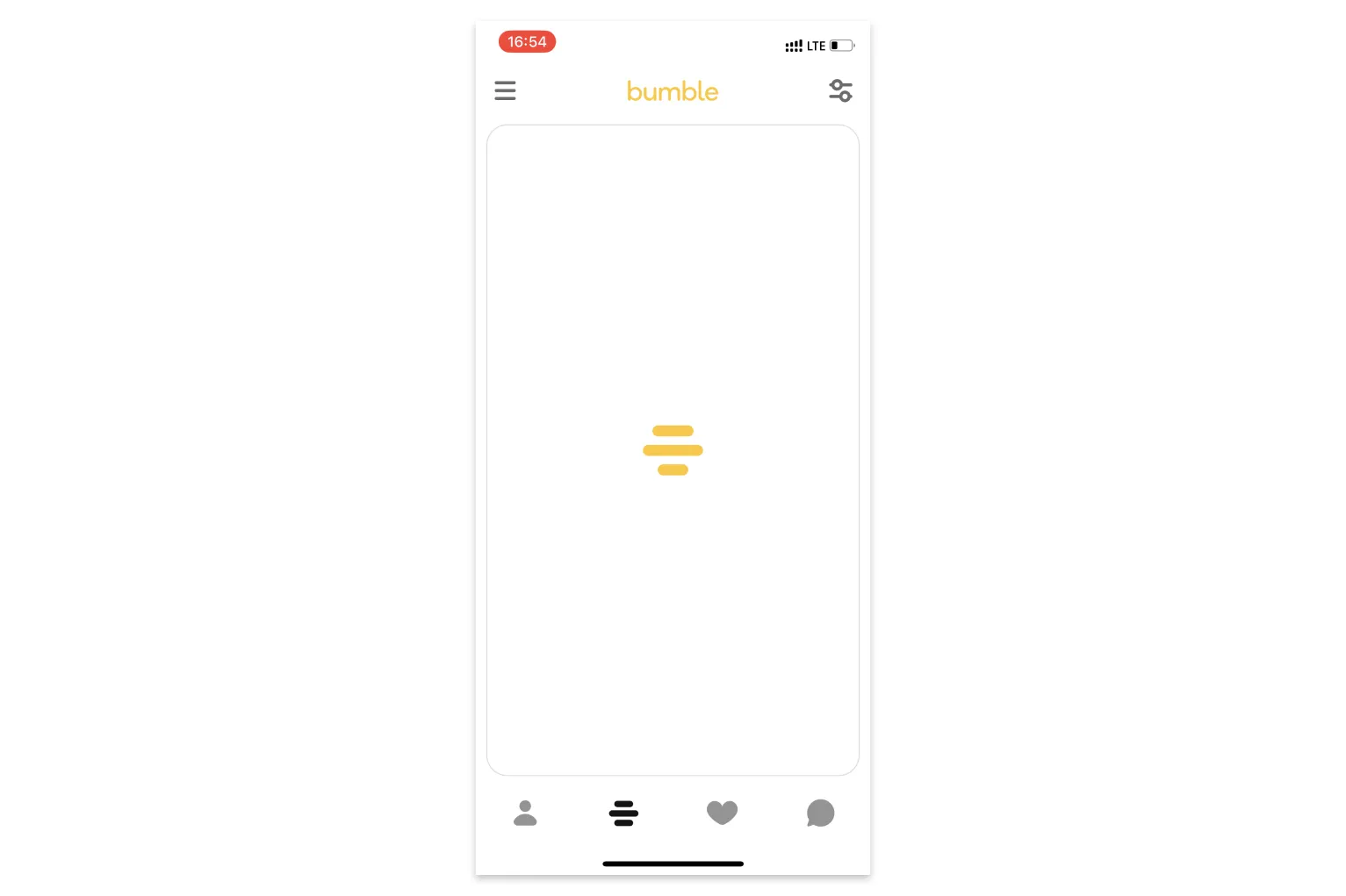 Bumble main screen with an empty card and only the logo animating, so the app looks frozen while it loads
