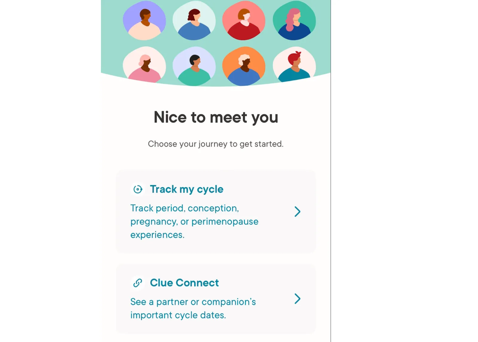 Clue “Nice to meet you” screen with two journeys, Track my cycle and Clue Connect, each explained in a long description