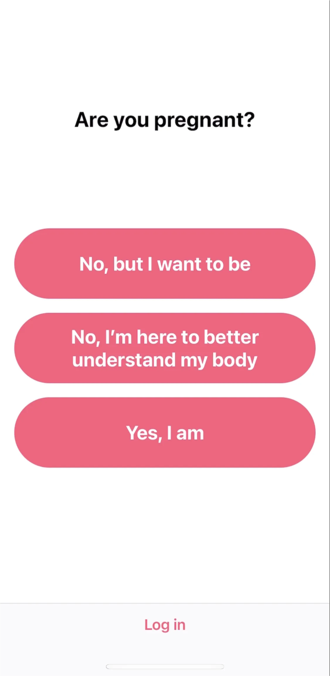 Flo “Are you pregnant?” question with three answers, from “No, but I want to be” to “Yes, I am”