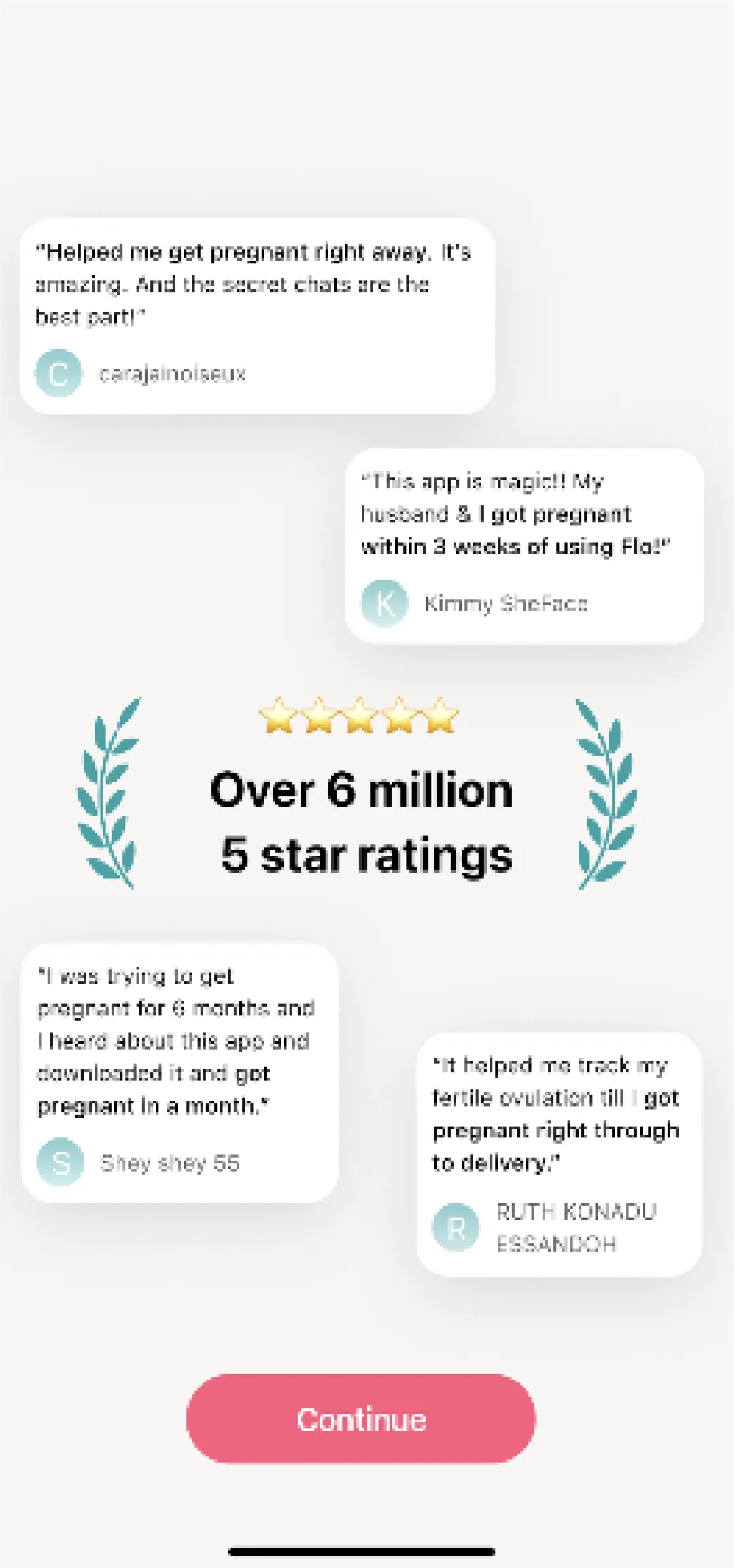 Flo social proof screen with user reviews about getting pregnant around “Over 6 million 5 star ratings”