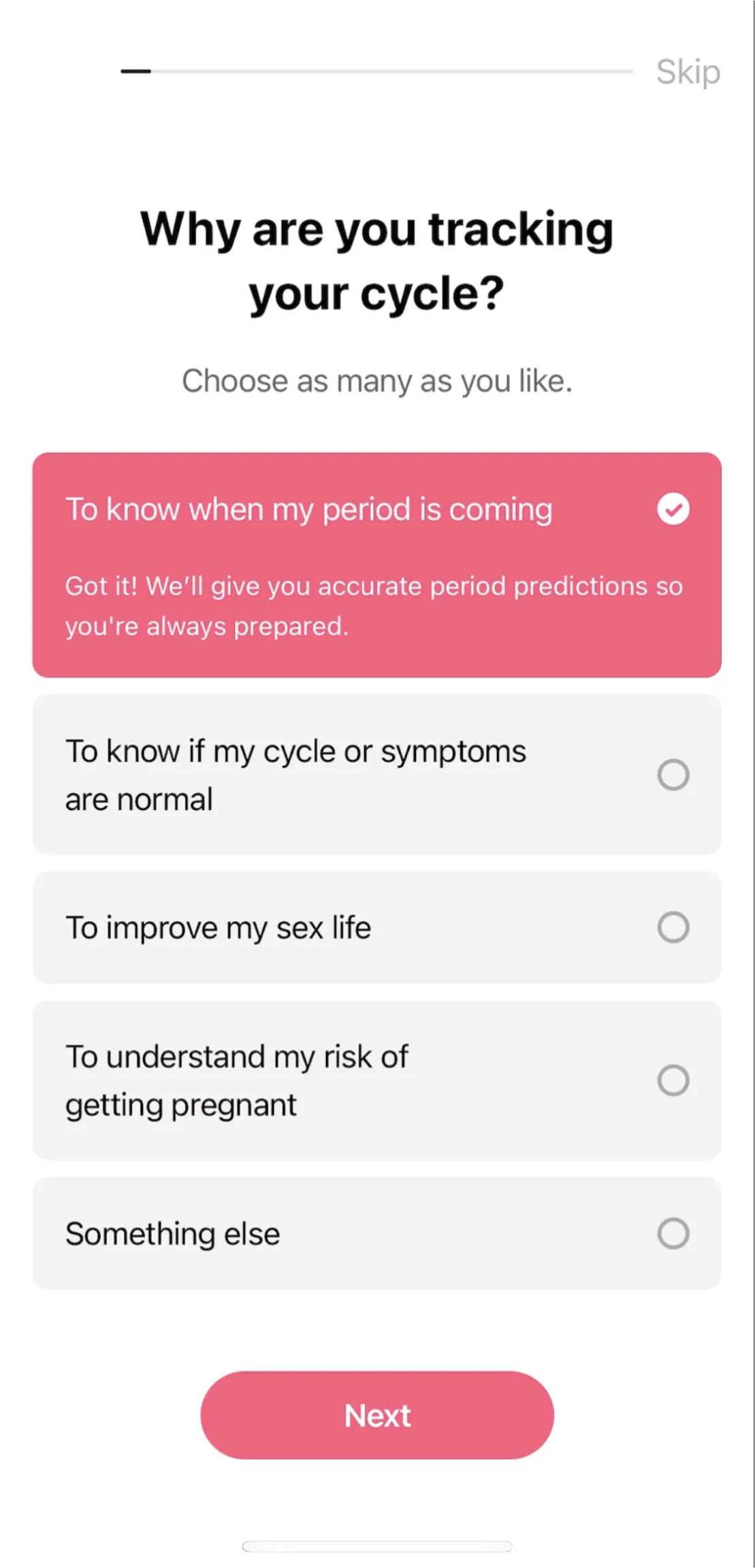 Flo “Why are you tracking your cycle?” question: the chosen answer expands with “Got it! We’ll give you accurate period predictions”