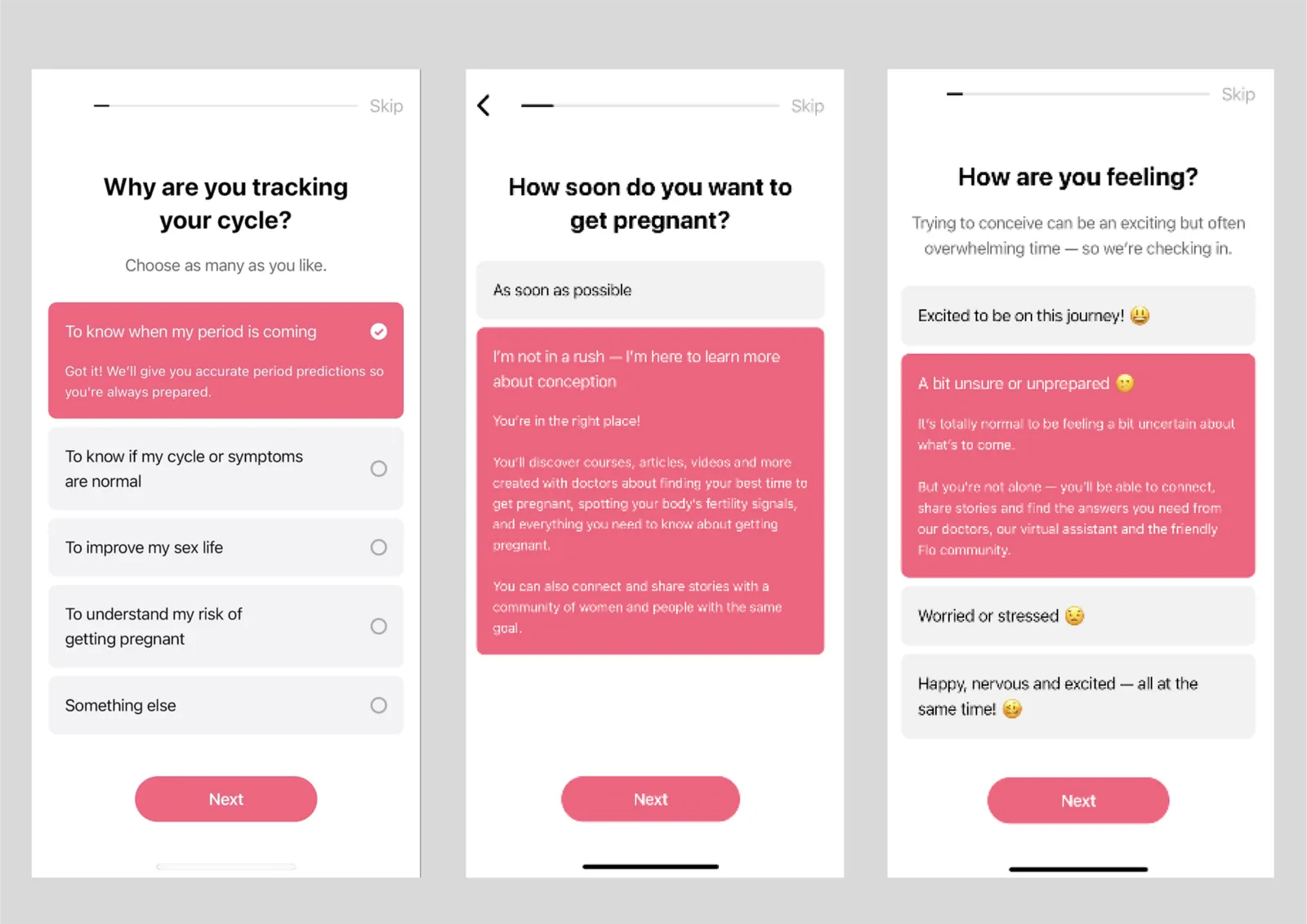 Three Flo questions where the selected answer expands into a short tip: why you track your cycle, how soon you want a baby, how you feel