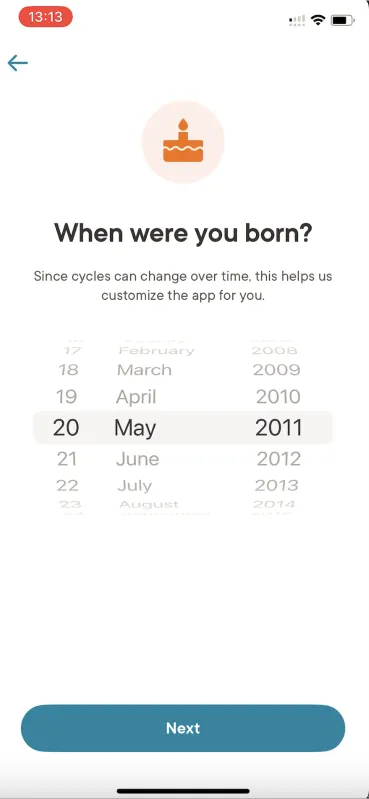 Clue “When were you born?” picker asking for the full date: day, month and year
