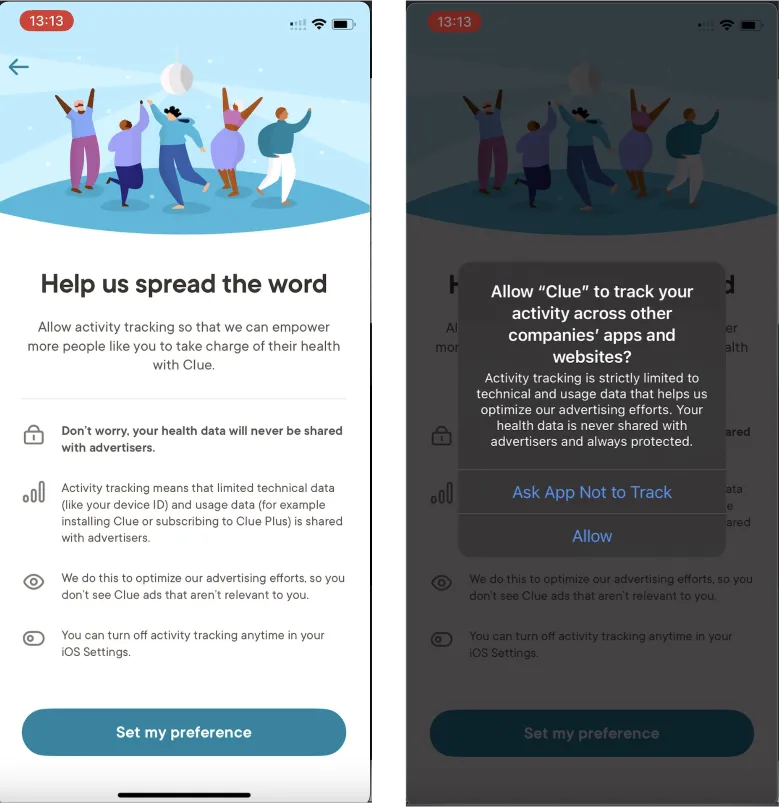 Clue “Help us spread the word” screen explaining activity tracking, followed by the system tracking prompt