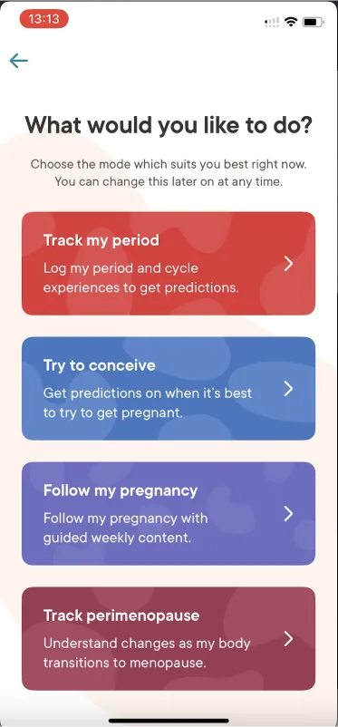 Clue “What would you like to do?” with four modes: track period, try to conceive, follow pregnancy, track perimenopause