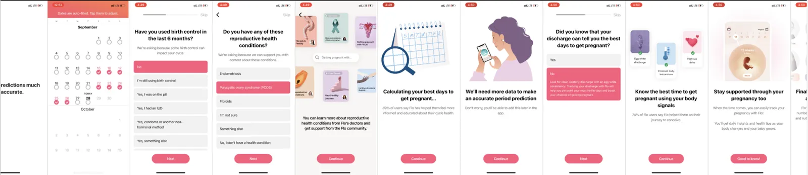 Flo data questions on period dates, birth control, health conditions and discharge, each followed by a fact or a reassuring screen