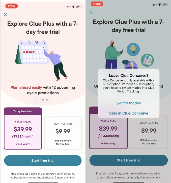 Clue Plus trial paywall and the “Leave Clue Conceive?” alert: without a subscription the user has to switch modes