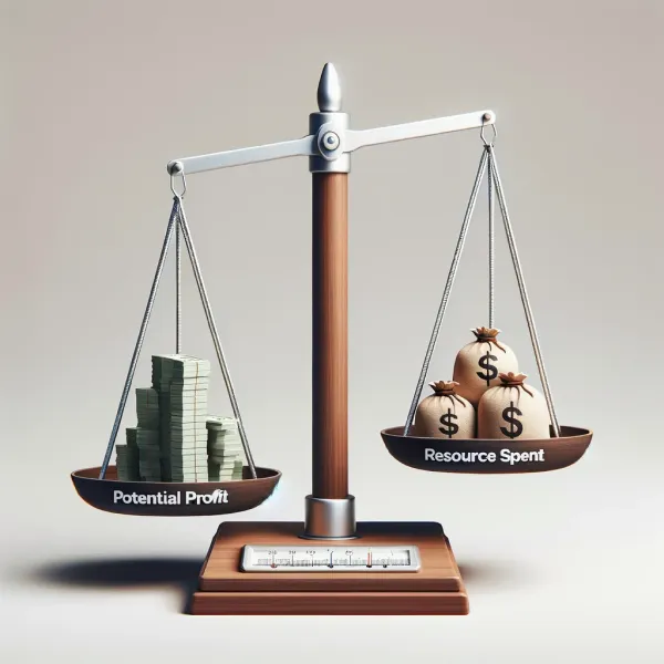 Balance scale weighing potential profit, a stack of cash, against resources spent, bags of money