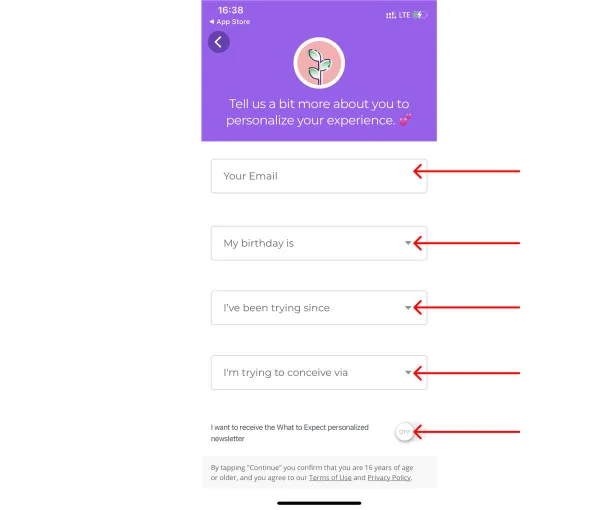 Pregnancy & Baby Tracker WTE form asking for email, birthday, trying-since date, conception method and a newsletter opt-in on one screen