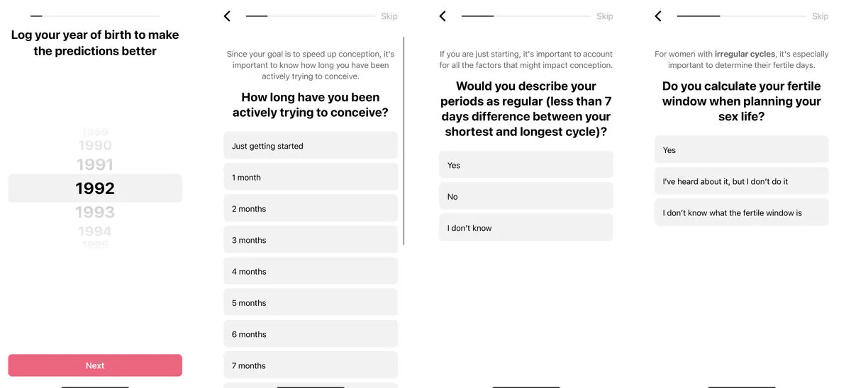 Flo splits data entry into one-question steps: year of birth, time trying to conceive, cycle regularity and the fertile window