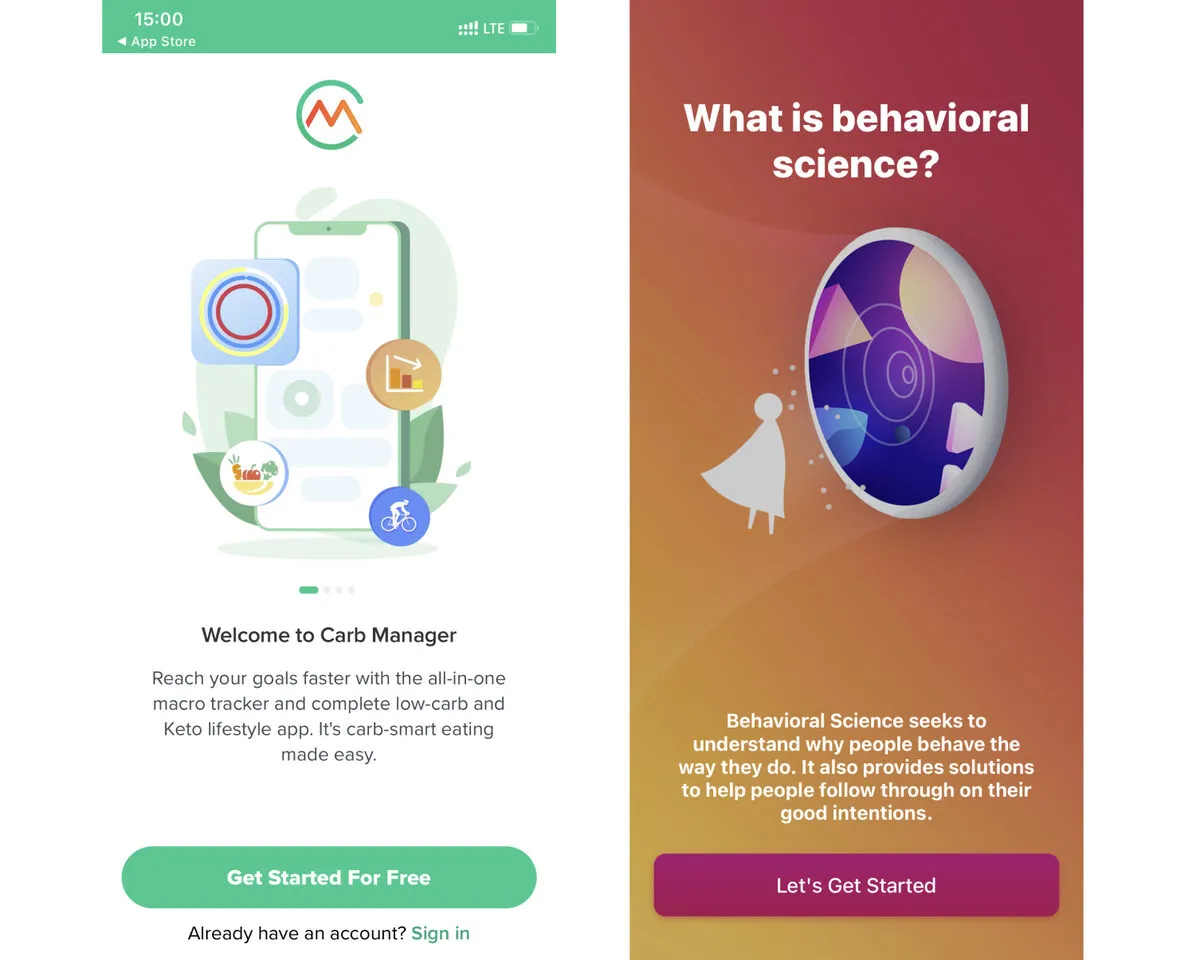 Carb Manager welcome screen with a busy illustration and small text, next to a text-heavy “What is behavioral science?” screen
