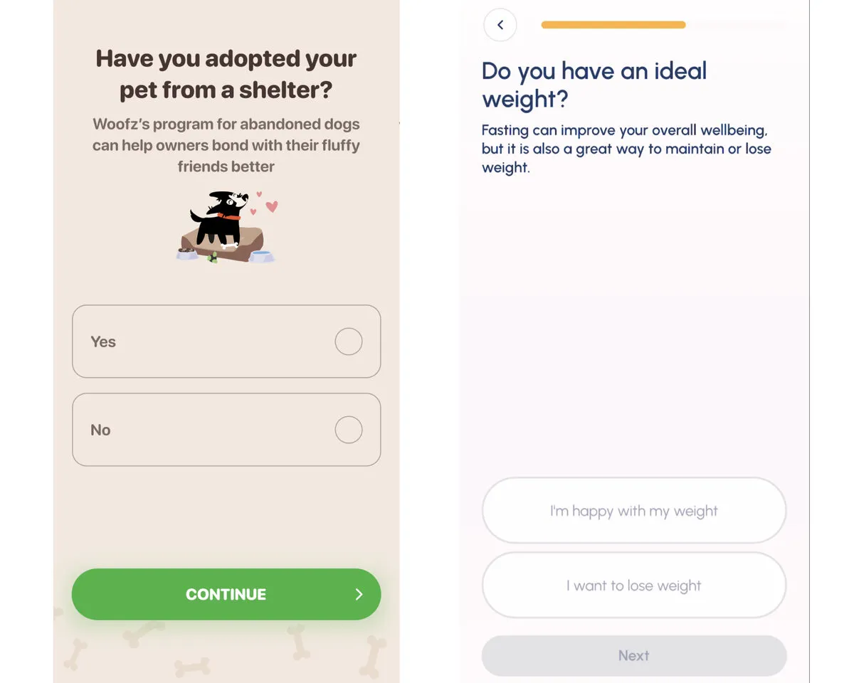 Woofz shelter question and a fasting app weight question, each with a picture or explanation between the question and its answers