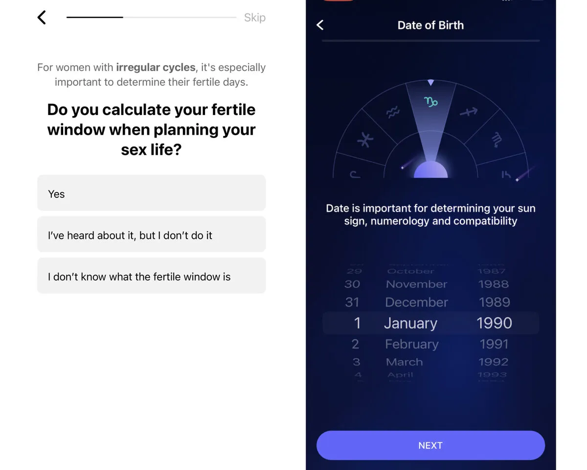 Flo fertile-window question with the answers directly below it, and an astrology app date-of-birth screen with the picker under its note
