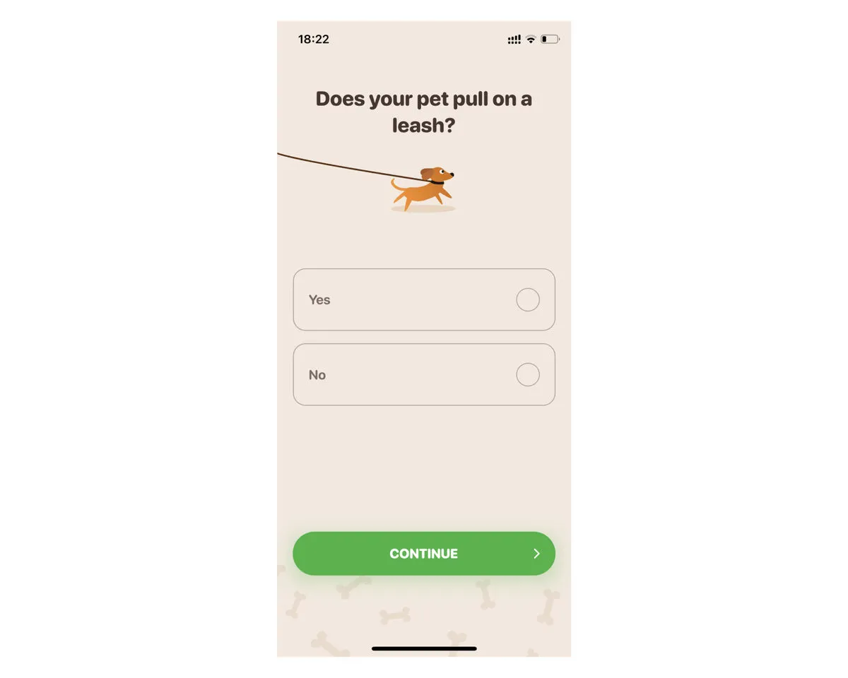 Woofz “Does your pet pull on a leash?” screen: pick Yes or No, then tap Continue, one extra action per question