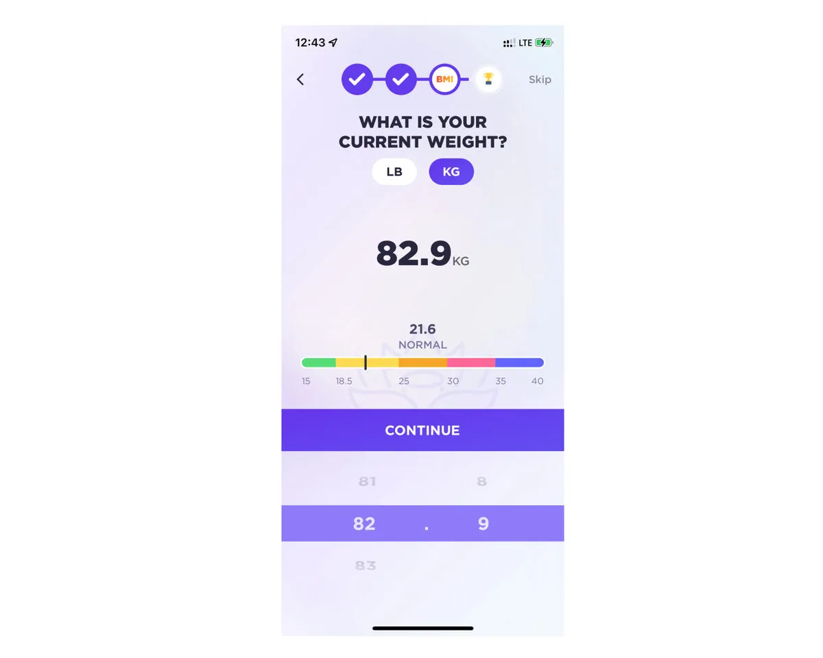 Weight entry screen with a BMI scale where the number picker sits below the Continue button, an unintuitive input layout
