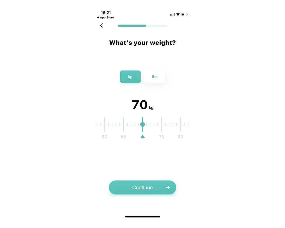 “What's your weight?” screen with a ruler-style slider that looks like a scale, so the input feels familiar