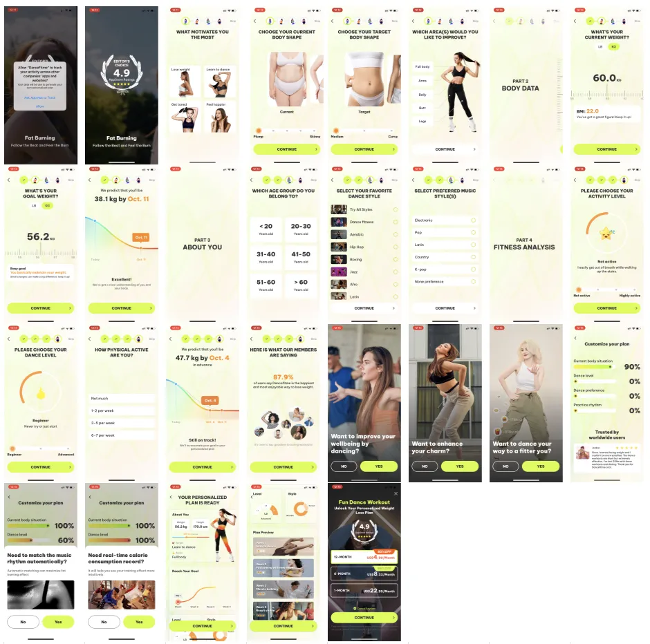 Overview of the whole Dancefitme onboarding, about 25 screens from the tracking prompt through body questions to the paywall