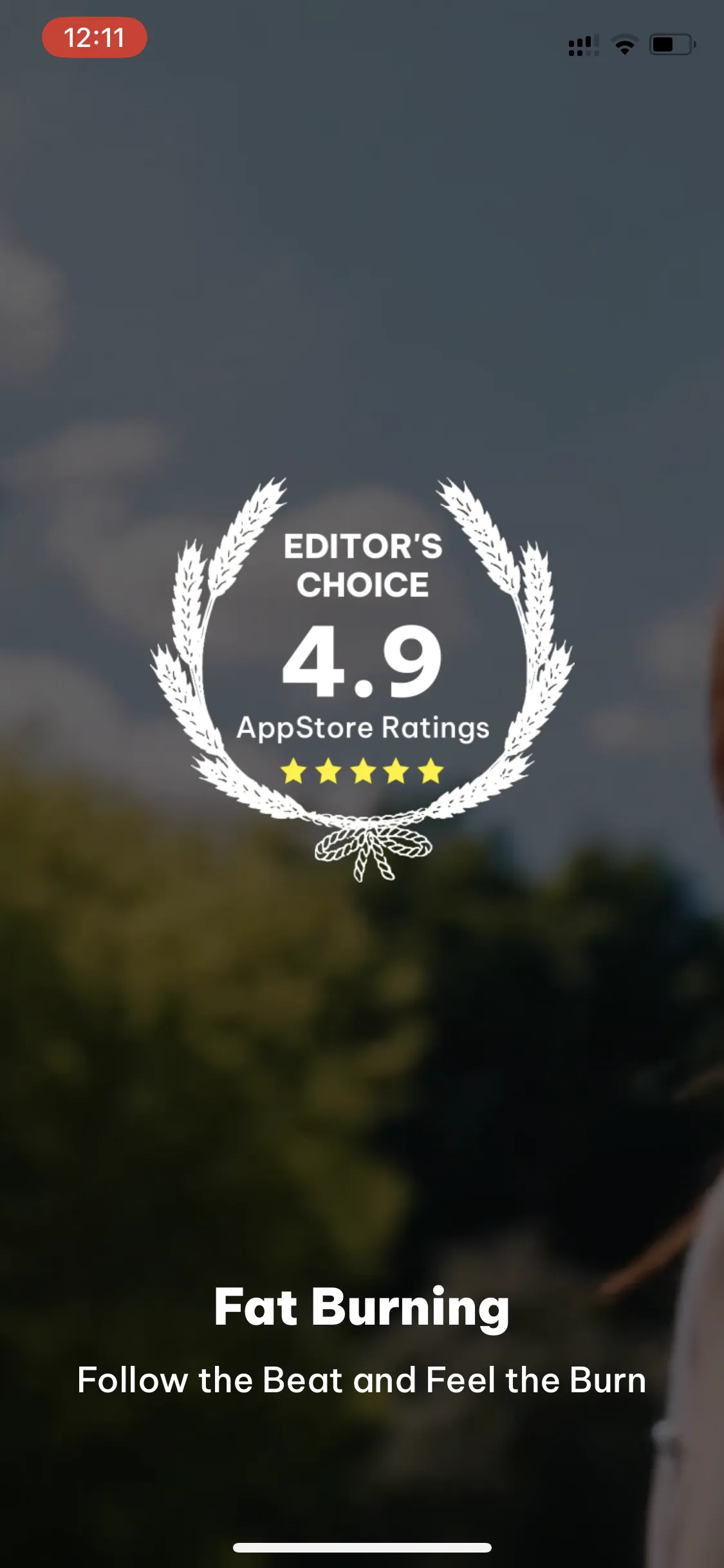 First Dancefitme screen: a dance video with an Editor’s Choice 4.9 rating and “Fat Burning, Follow the Beat and Feel the Burn”