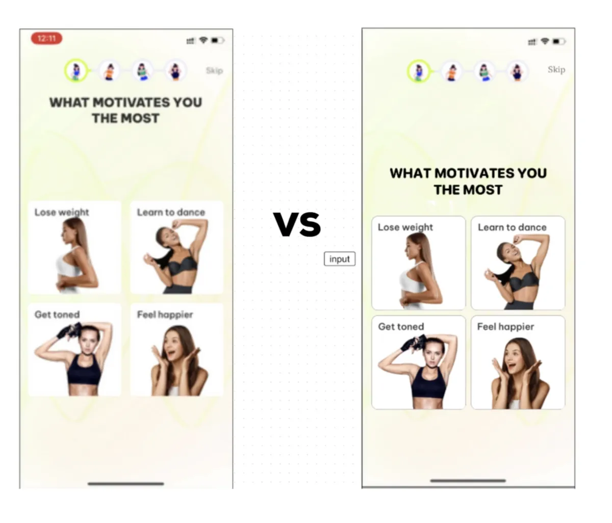 Dancefitme “What motivates you the most” screen with four photo answers, next to a version with the question closer to the answers