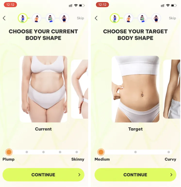 Dancefitme body shape questions on photos: current shape from plump to skinny, target shape from medium to curvy