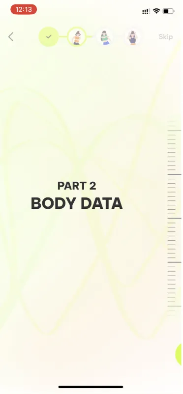 Dancefitme stage screen “Part 2, Body Data” under the image-based progress indicator in the header