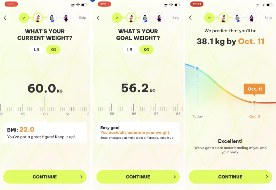 Dancefitme intermediate results: current weight with BMI 22.0, an easy-goal note for the target weight and a predicted weight curve
