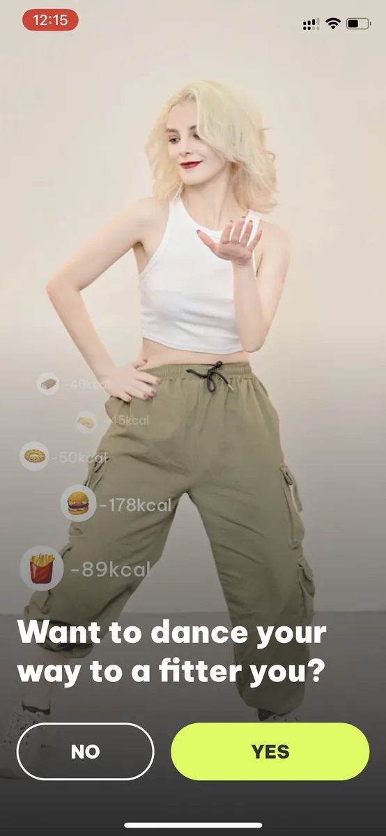 Dancefitme screen 22: a woman dancing as food calories burn off, asking “Want to dance your way to a fitter you?” with No and Yes