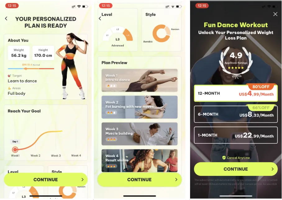 Dancefitme paywall block: personalized plan summary, a four-week plan preview and a paywall with 12-, 6- and 1-month plans