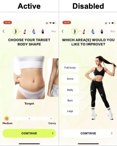 Two Dancefitme screens compared: an active Continue button and a disabled one that looks almost the same