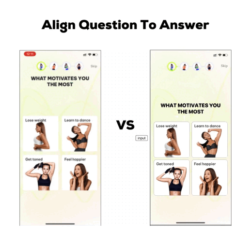 Suggested Dancefitme fixes: question next to answers, a lighter header, a clear disabled state, and a thumb-zone check of the No button