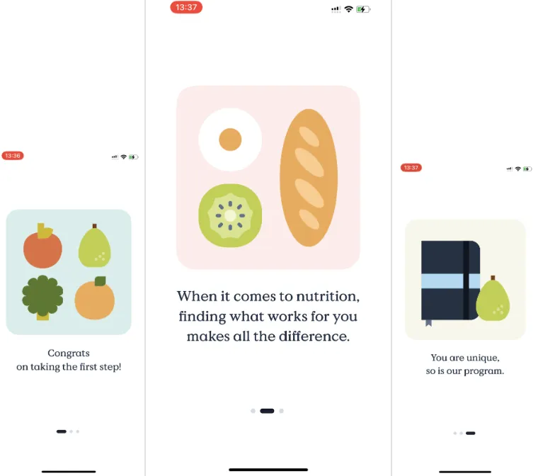 Foodvisor intro screens: “Congrats on taking the first step”, “finding what works for you makes all the difference”, “You are unique”