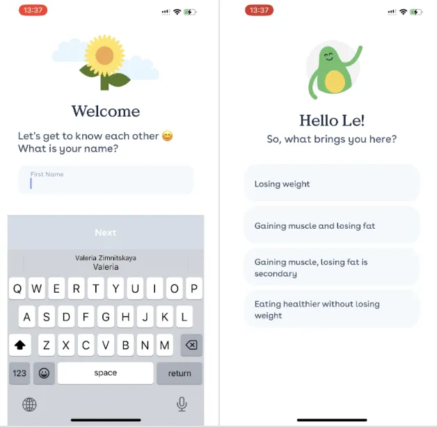 Foodvisor asks “What is your name?”, then greets the user by name and asks what brings them here, with four goal options