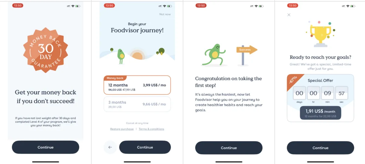 Foodvisor paywall block: 30-day money-back guarantee, the main paywall, a congratulation screen and a discounted special offer with a timer