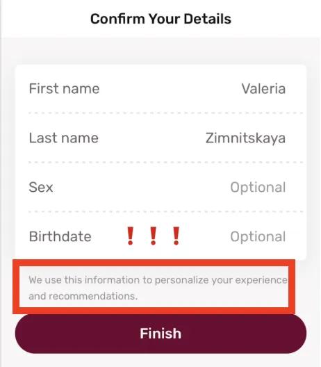 Confirm Your Details form asking for first and last name, sex and birthdate, with a highlighted note that the data personalizes the experience