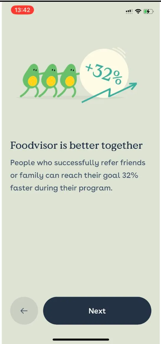Foodvisor referral screen: three avocados push a +32% ball above “Foodvisor is better together” and the faster-goal claim