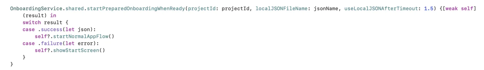 Swift code that starts the prepared onboarding through OnboardingService and falls back to the app’s start screen if loading fails