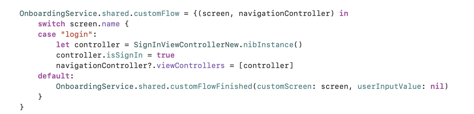 Swift code that routes the custom “login” onboarding screen to the app’s own sign-in view controller