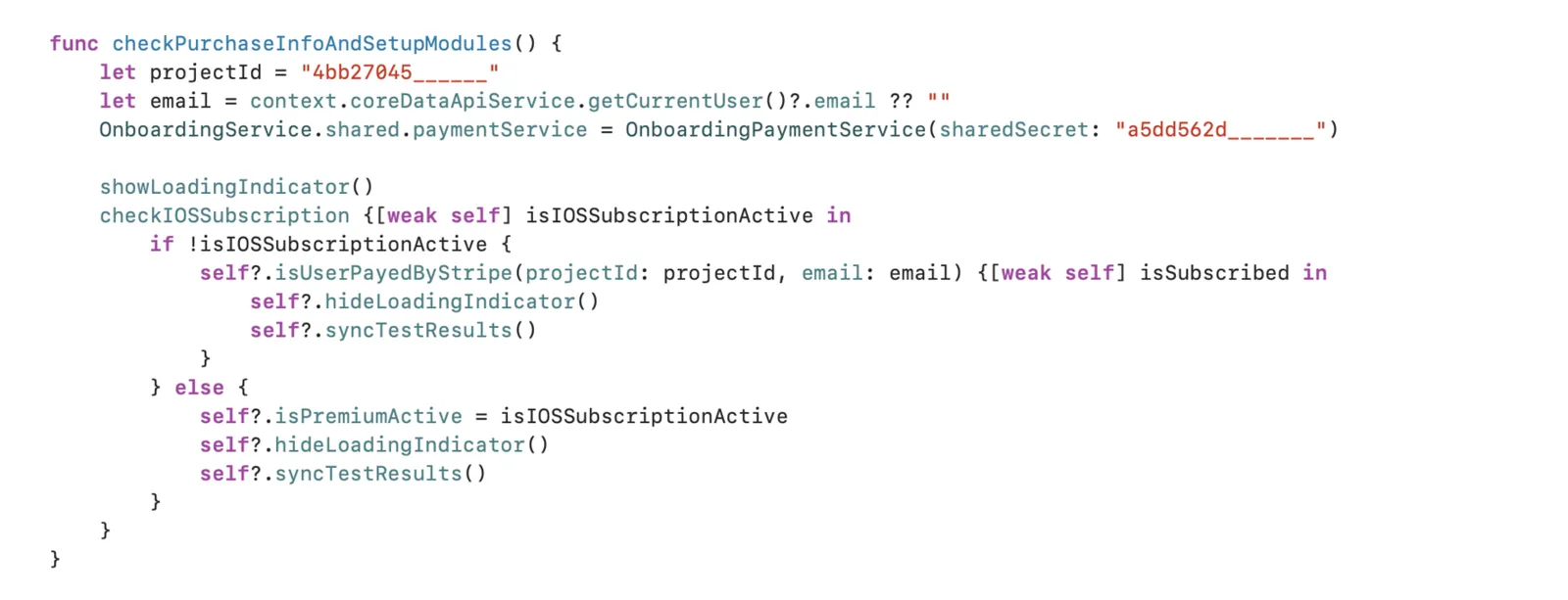Swift function that checks for an active iOS subscription and, if there is none, checks for a Stripe purchase by the user’s email
