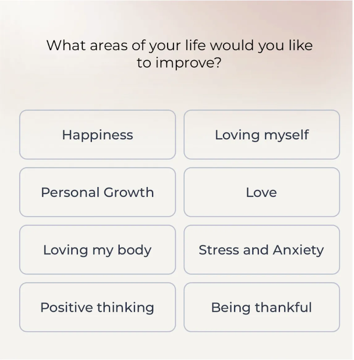 “What areas of your life would you like to improve?” grid of eight answers where the one-word “Love” stands out as the shortest