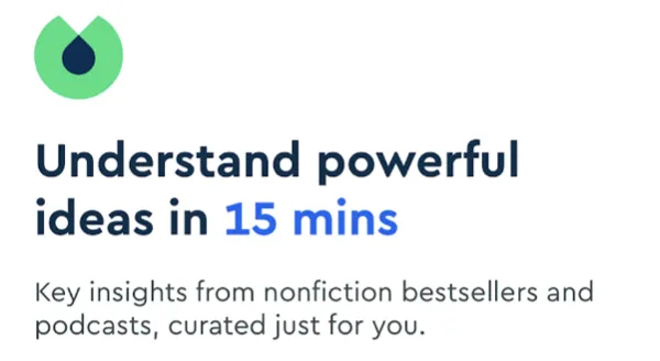 Blinkist headline “Understand powerful ideas in 15 mins” with “15 mins” highlighted in blue