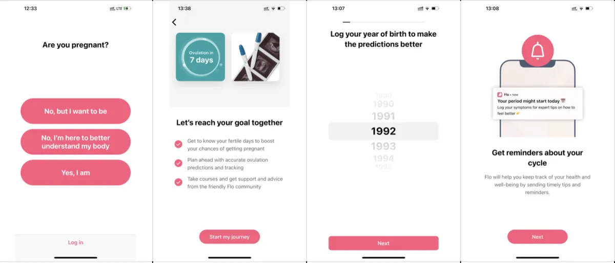 Four Flo onboarding screens, each ending in a different button style, from a text link to a small pill and a full-width bar