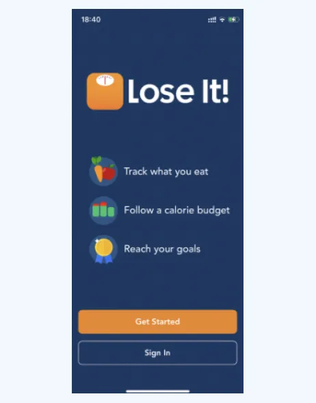 Lose It! welcome screen showing how users see the solution: track what you eat, follow a calorie budget, reach your goals
