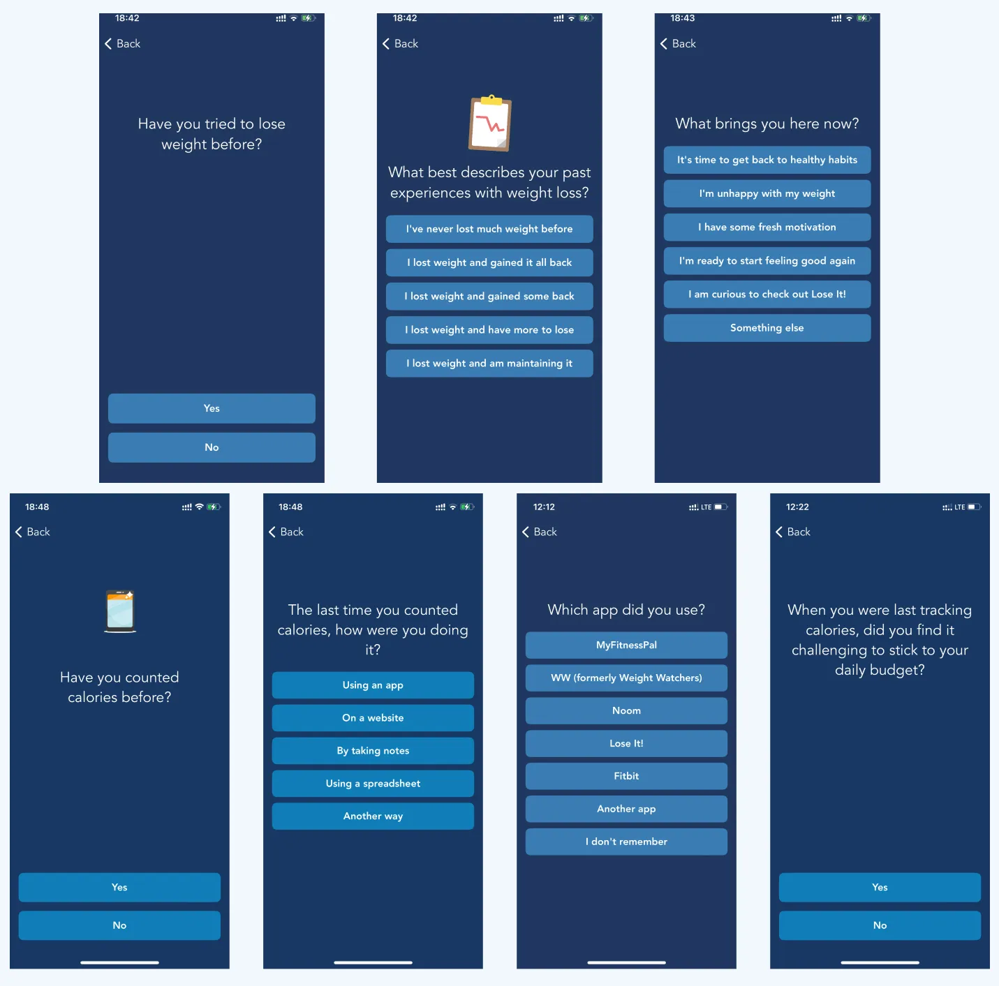 Lose It! questions about past attempts: weight-loss history, what brings you here now, calorie counting and which app you used