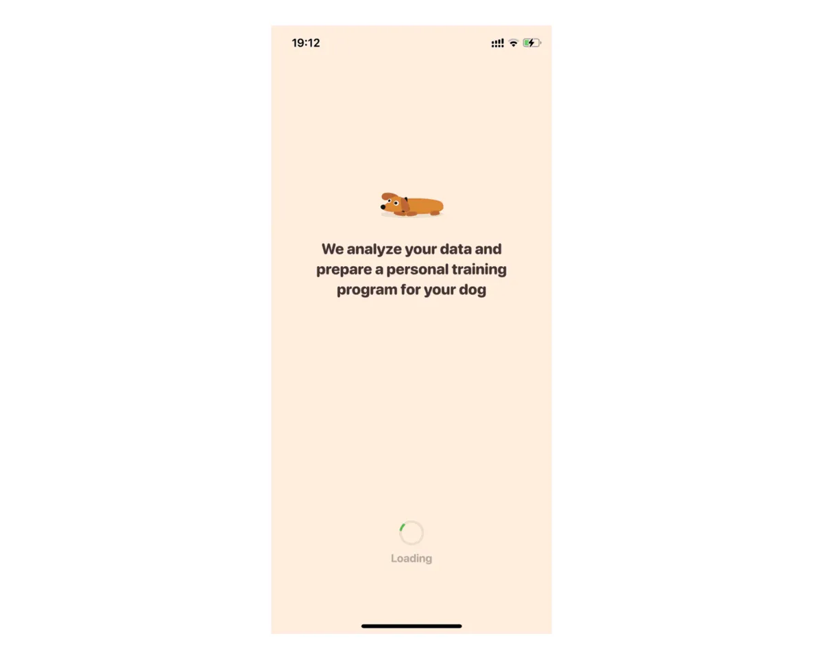 Woofz loading screen “We analyze your data and prepare a personal training program for your dog” with only a small Loading spinner